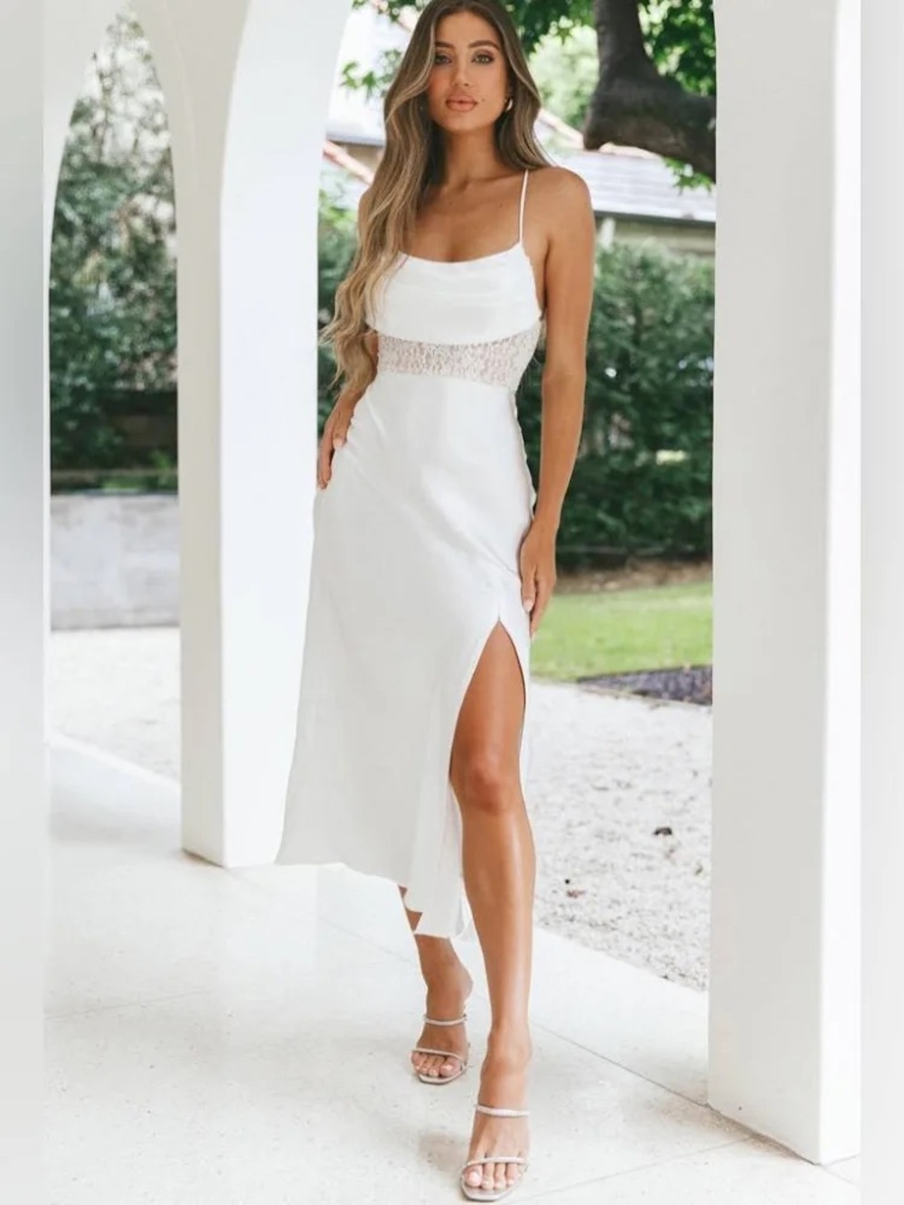 Selfie Leslie Ivory Satin Maxi Slip Dress with Lace Waist Size S Small